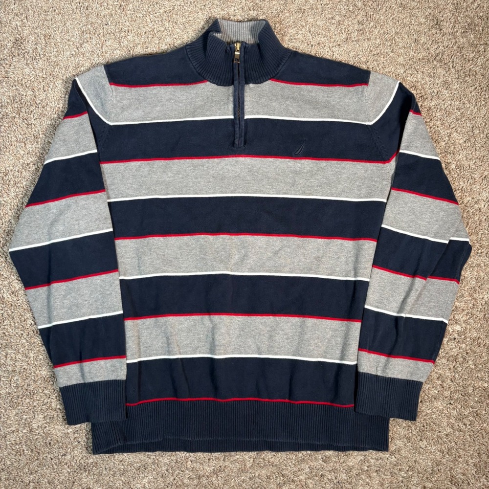 Vintage Nautica Striped 1/4 Zip Pullover Sweater Sailing Gray‎ Blue Red XXL